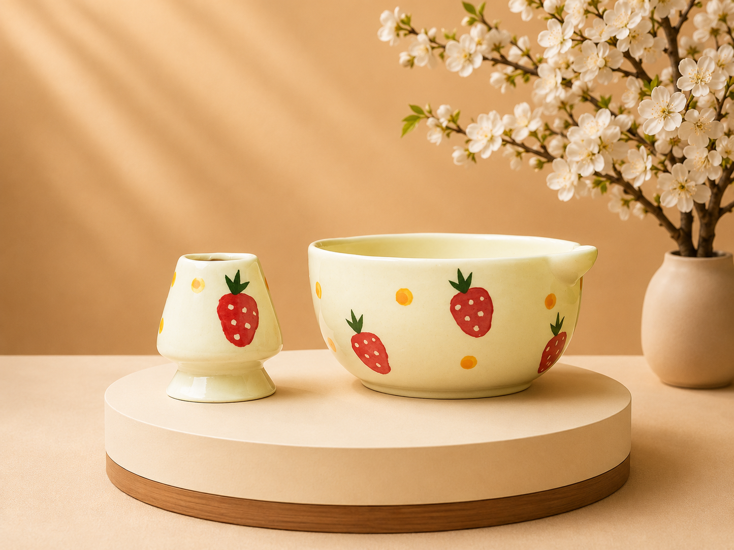 Strawberry Fields Ceramic Matcha Bowl with Whisk Stand