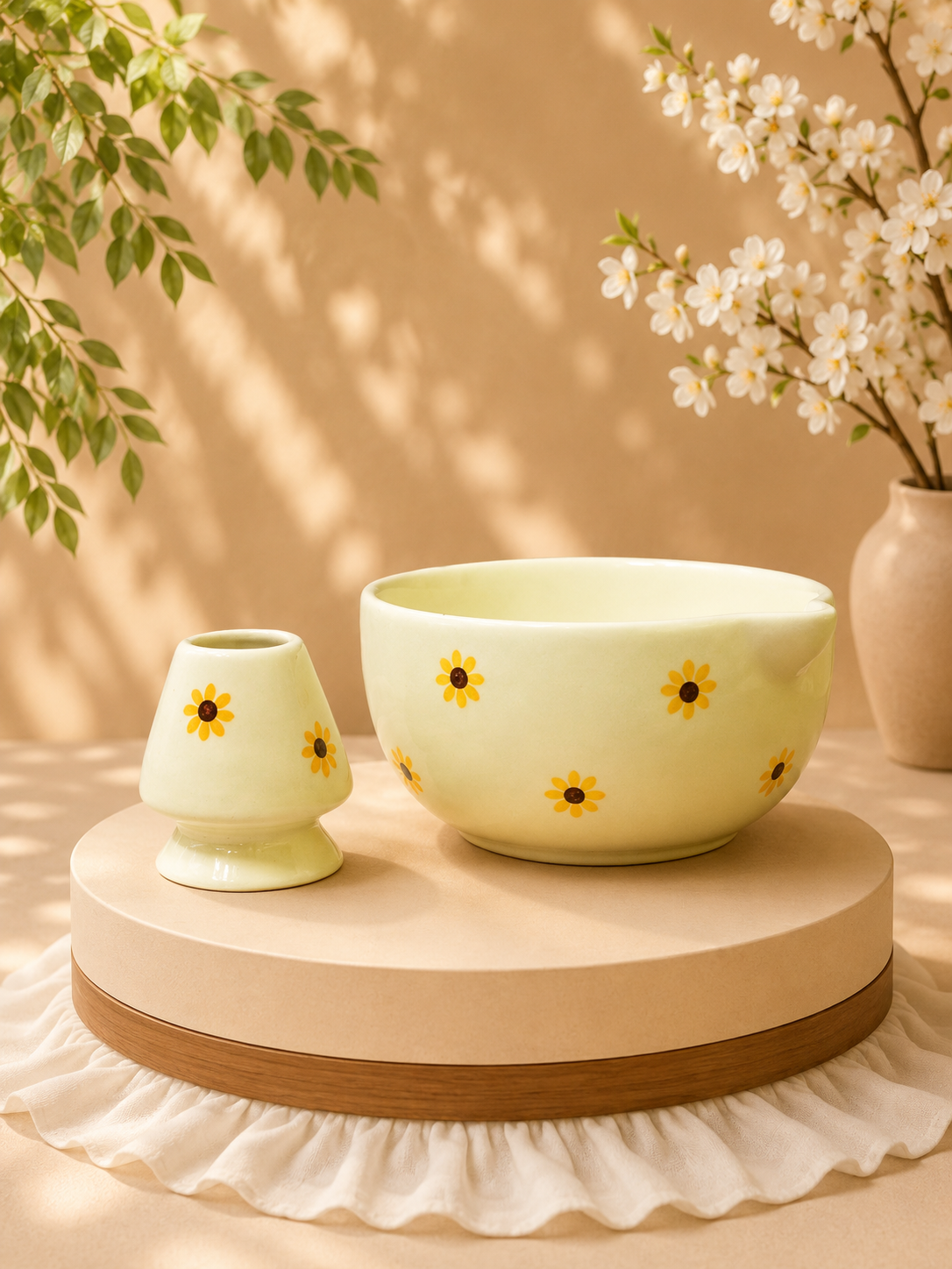 Daisy Meadow Ceramic Matcha Bowl with Whisk Stand