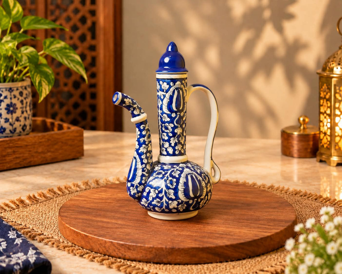 Blue Mughal Surahi Set – Hand-Painted Ceramic Pitcher with 6 Goblet Cups (7 Pcs)