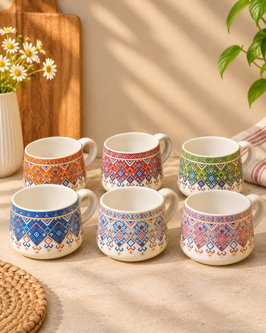 Colourful Ethnic Print Tea Set – Ceramic Teapot with 6 Cups (7 Pcs)