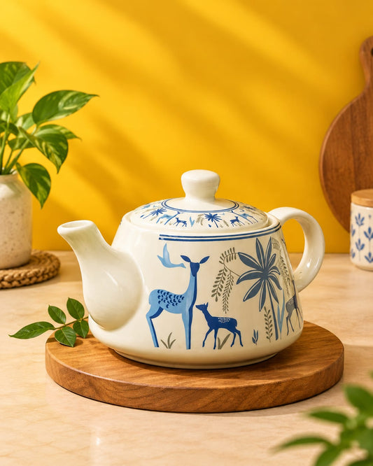 Blue Deer Print Ceramic Tea Set – Teapot with 6 Cups (7 Pcs)