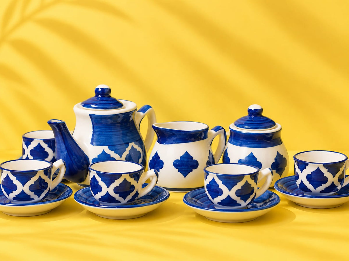 Blue Moroccan 15 Pcs Ceramic Tea Set – 6 Cups, 6 Saucers, Teapot, Sugar Pot & Creamer