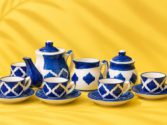 Blue Moroccan 15 Pcs Ceramic Tea Set – 6 Cups, 6 Saucers, Teapot, Sugar Pot & Creamer