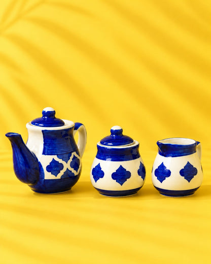 Blue Moroccan 15 Pcs Ceramic Tea Set – 6 Cups, 6 Saucers, Teapot, Sugar Pot & Creamer