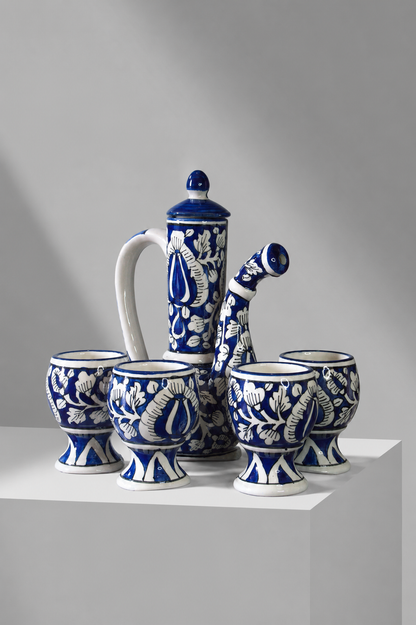 The Blue Mughal Ceramic Surahi Pitcher With 4 Matching Glasses