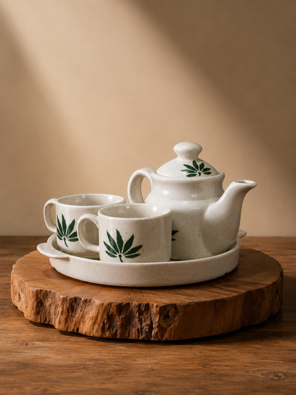 The Kerala Morning Serveware Ceramic Tea Kettle Set with 2 Cups (150ml), 1 Kettle (400ml) & 1 Tray