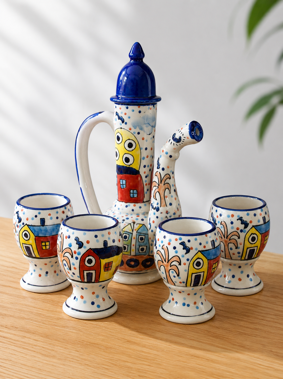 The Morning Hut Ceramic Surahi Pitcher With 4 Matching Glasses