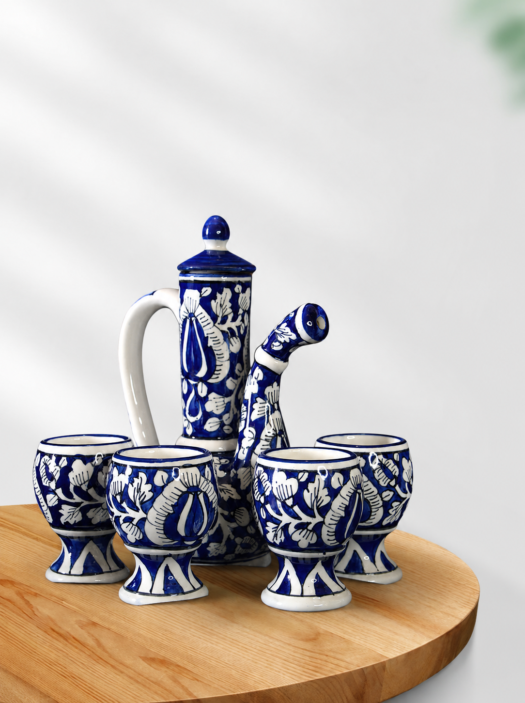 The Blue Mughal Ceramic Surahi Pitcher With 4 Matching Glasses