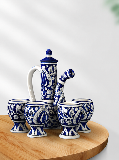 The Blue Mughal Ceramic Surahi Pitcher With 4 Matching Glasses