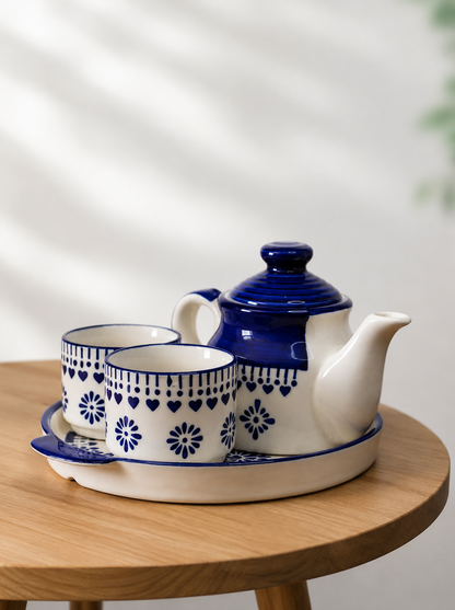 Blue Leaf Serveware Ceramic Tea Kettle Set with 2 Cups (150ml), 1 Kettle (400ml) & 1 Tray | Ceramic Good Morning Set