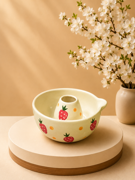 Strawberry Fields Ceramic Matcha Bowl with Whisk Stand