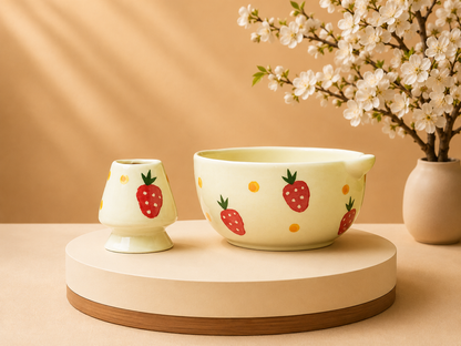 Strawberry Fields Ceramic Matcha Bowl with Whisk Stand