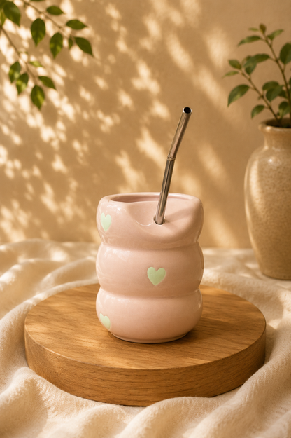 Heart Wobble Ceramic Tumbler with Straw