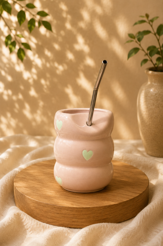 Heart Wobble Ceramic Tumbler with Straw