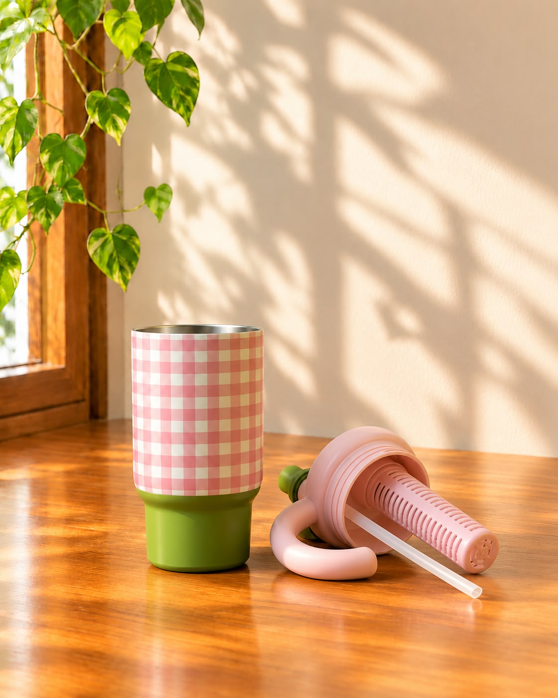 Gingham Tumbler with Straw, Handle & Infuser