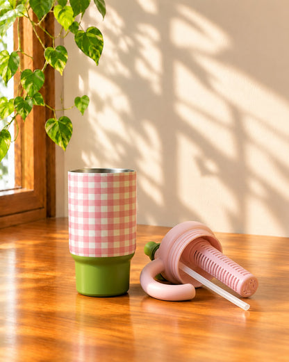 Gingham Tumbler with Straw, Handle & Infuser