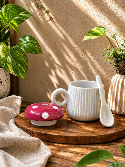 Mushroom Lid Ceramic Mug with Spoon | Handmade Ribbed Coffee Mug