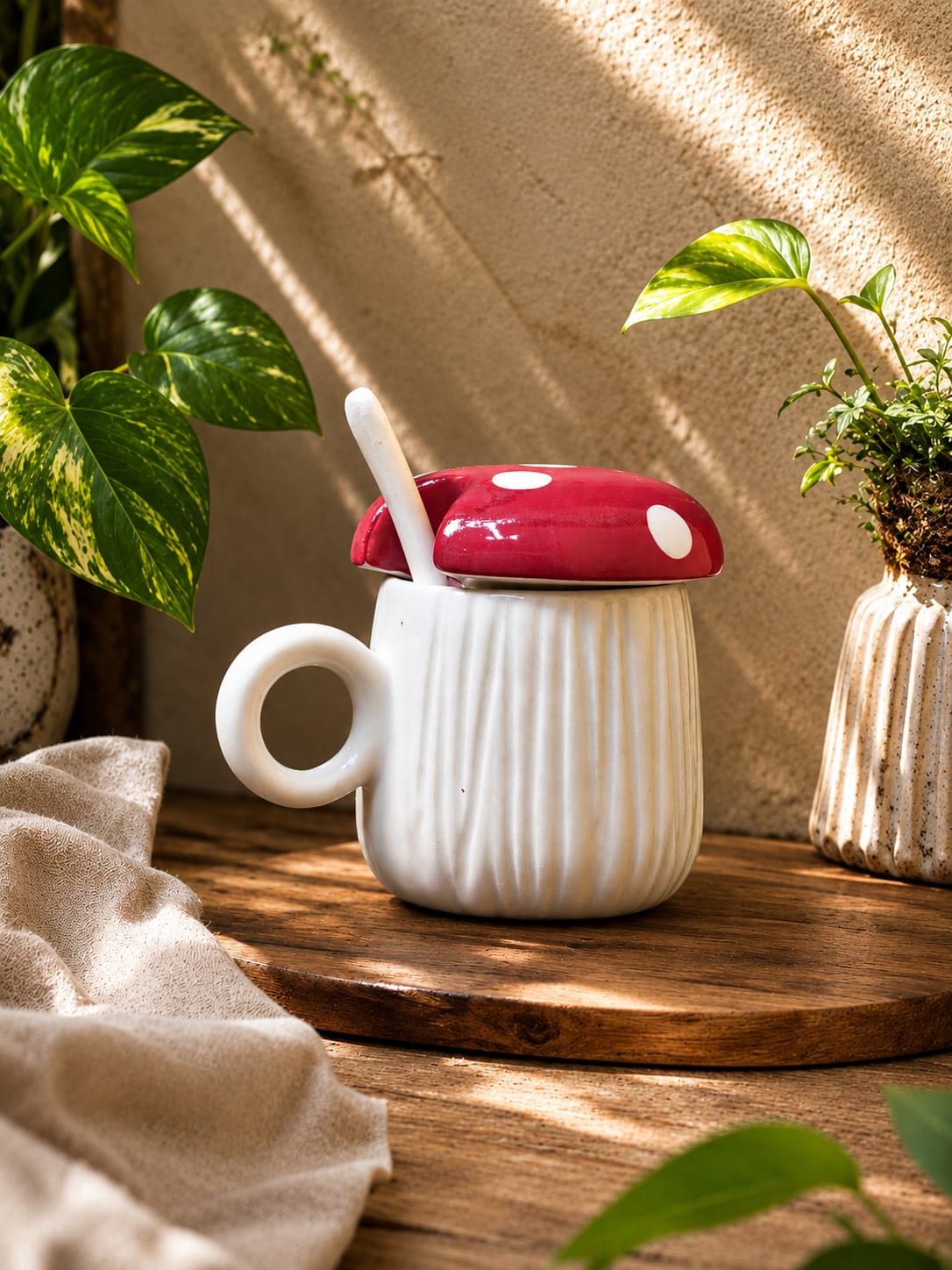 Mushroom Lid Ceramic Mug with Spoon | Handmade Ribbed Coffee Mug