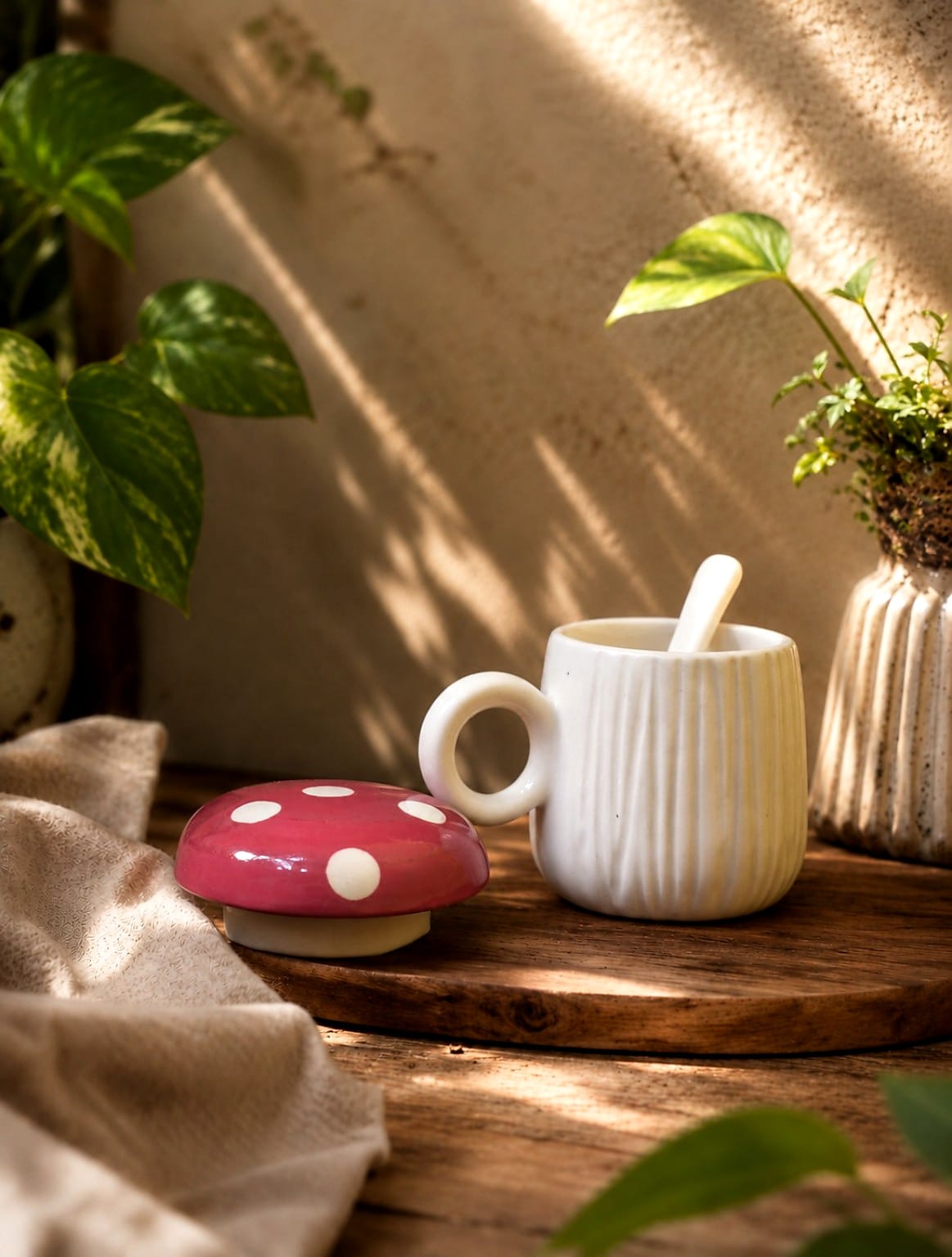 Mushroom Lid Ceramic Mug with Spoon | Handmade Ribbed Coffee Mug