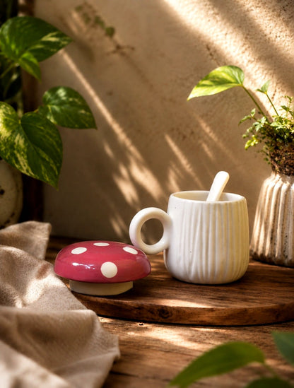 Mushroom Lid Ceramic Mug with Spoon | Handmade Ribbed Coffee Mug