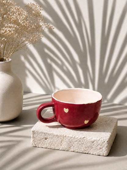 Heart Red Ceramic Cup | Handmade Wide Mouth Coffee Cup
