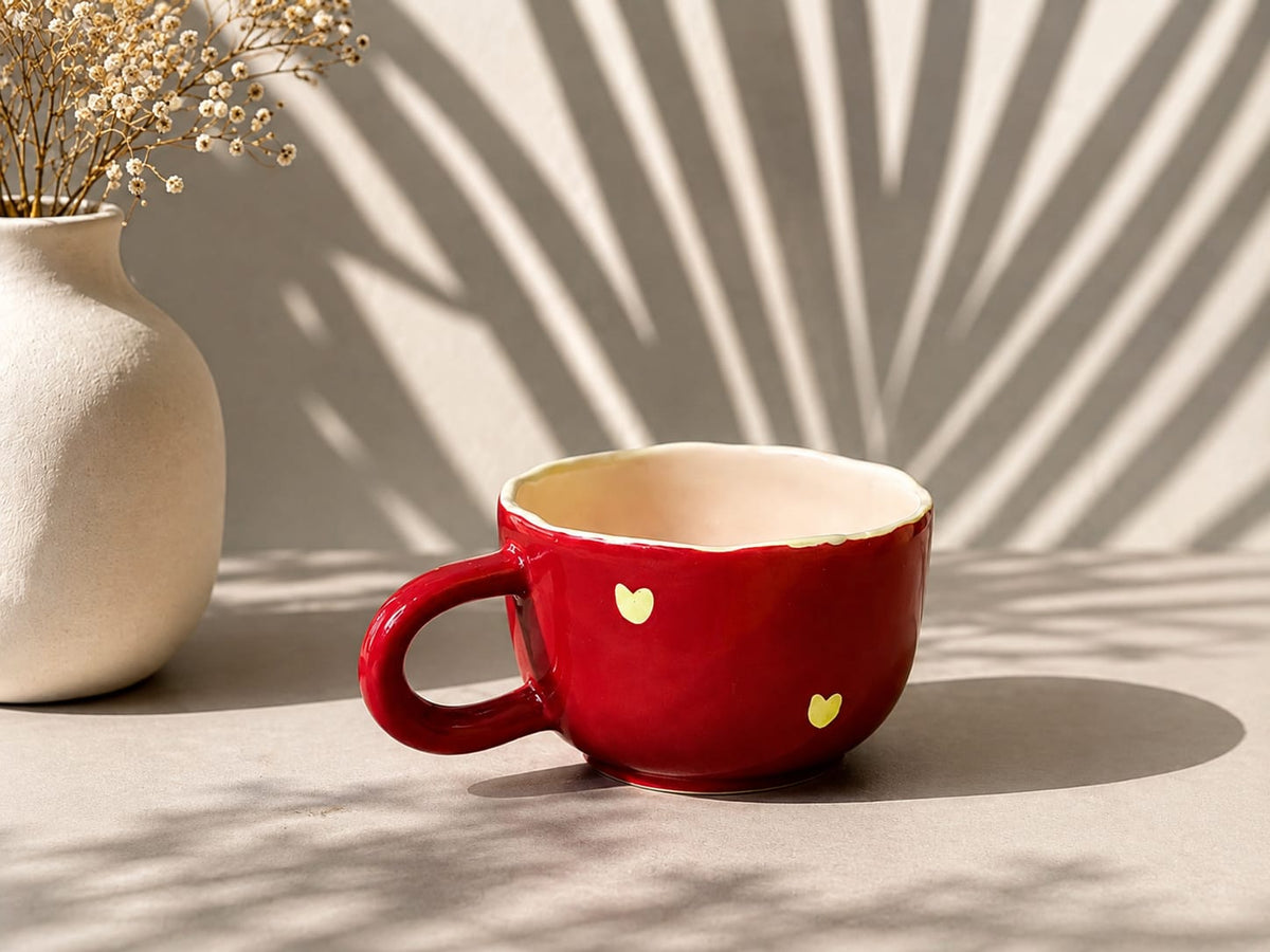 Heart Red Ceramic Cup | Handmade Wide Mouth Coffee Cup