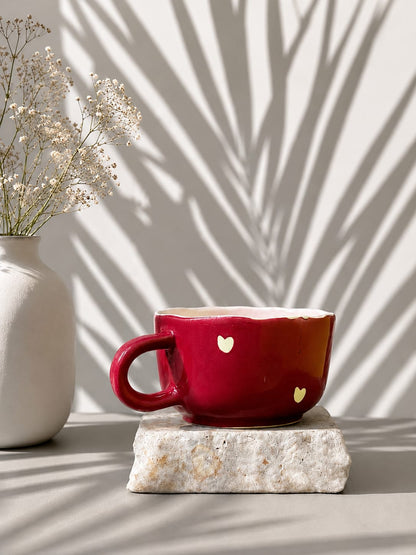 Heart Red Ceramic Cup | Handmade Wide Mouth Coffee Cup