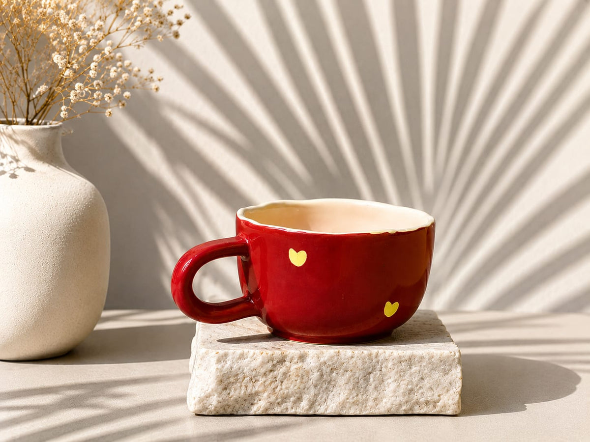 Heart Red Ceramic Cup | Handmade Wide Mouth Coffee Cup