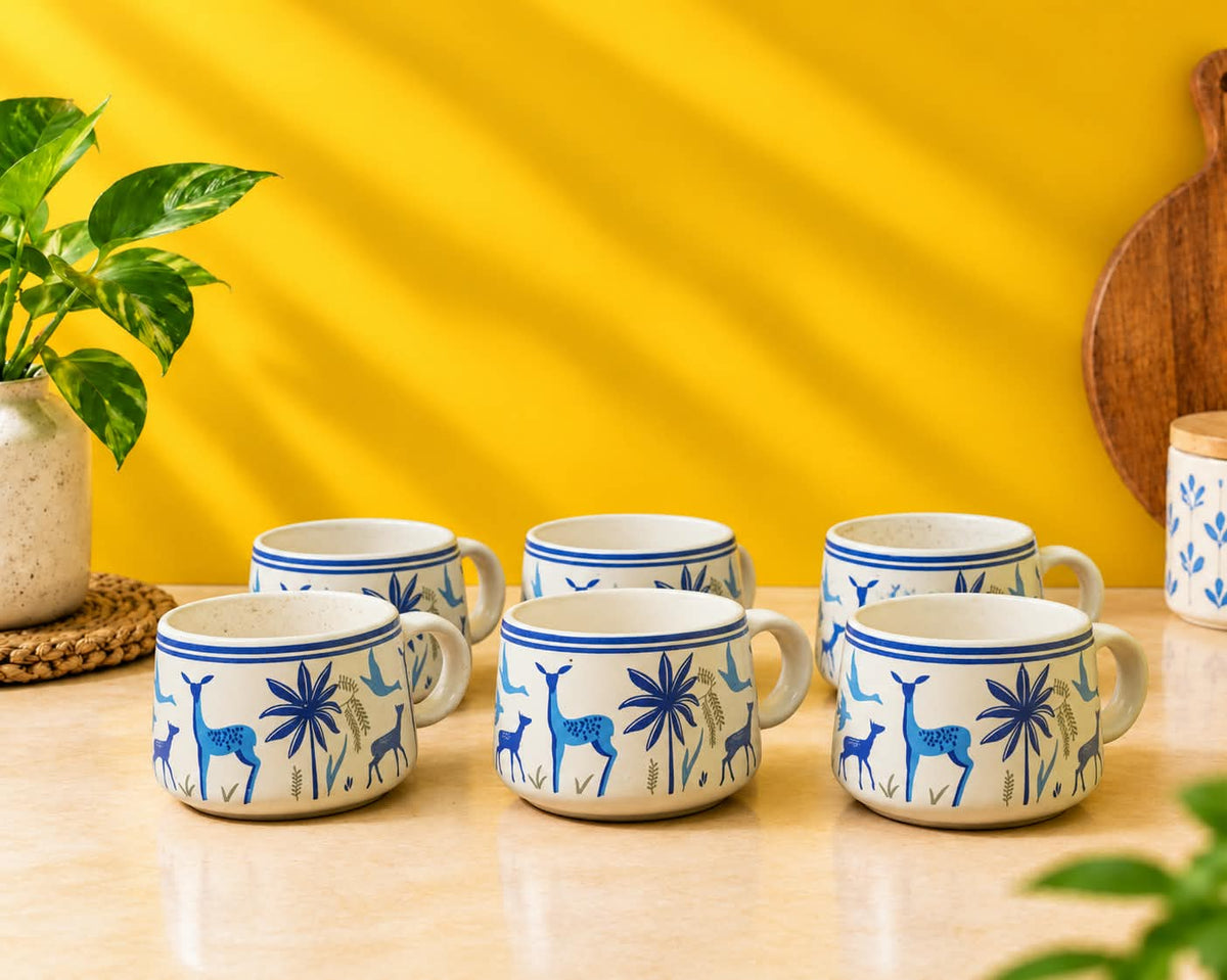 Blue Deer Print Ceramic Tea Set – Teapot with 6 Cups (7 Pcs)