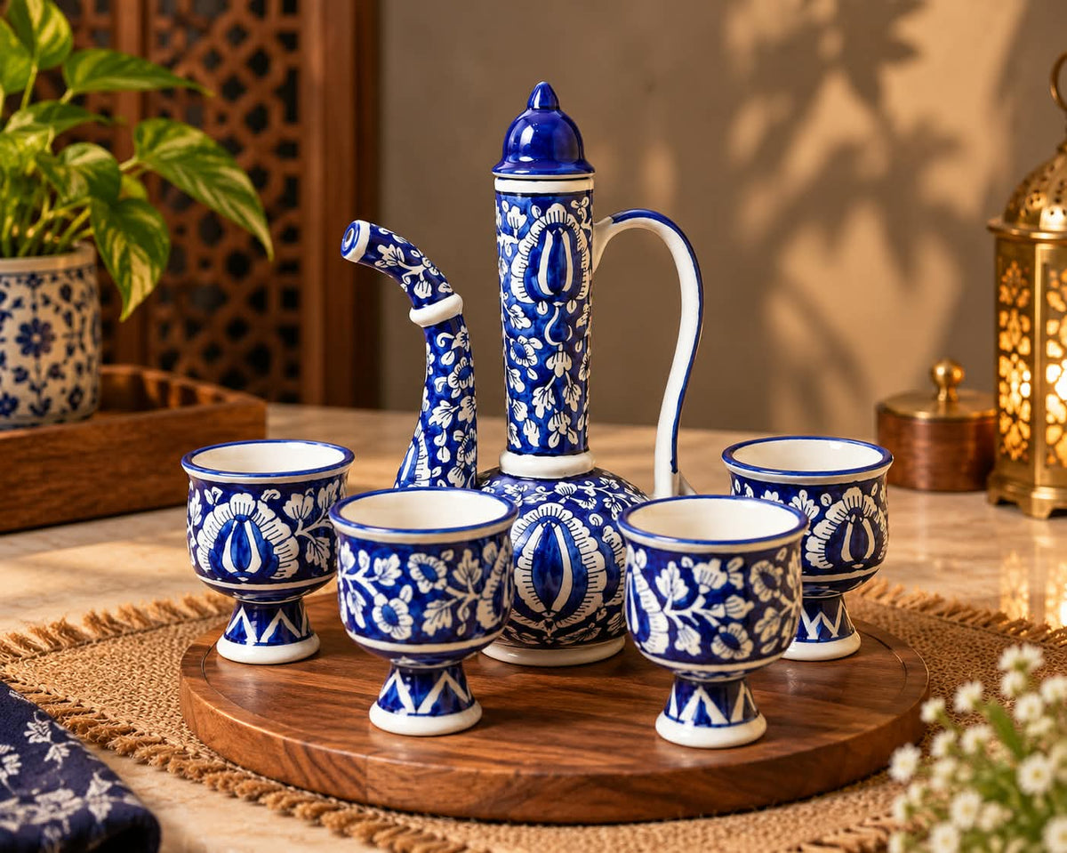 Blue Mughal Surahi Set – Hand-Painted Ceramic Pitcher with 6 Goblet Cups (7 Pcs)