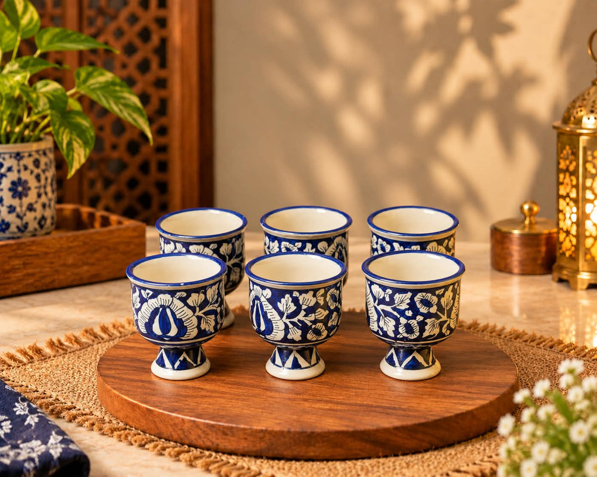 Blue Mughal Surahi Set – Hand-Painted Ceramic Pitcher with 6 Goblet Cups (7 Pcs)