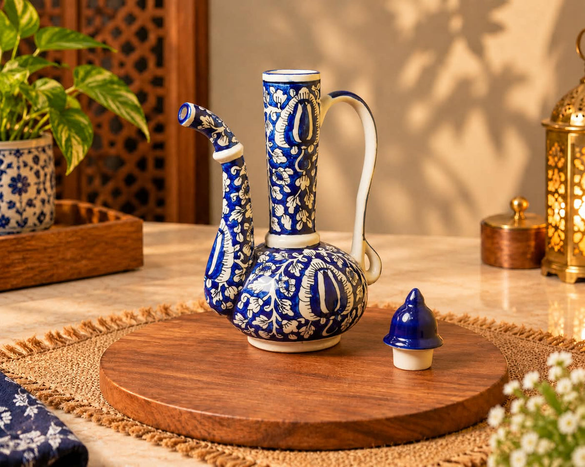 Blue Mughal Surahi Set – Hand-Painted Ceramic Pitcher with 6 Goblet Cups (7 Pcs)
