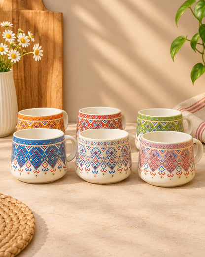 Colourful Ethnic Print Tea Set – Ceramic Teapot with 6 Cups (7 Pcs)