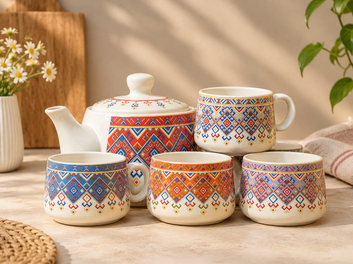 Colourful Ethnic Print Tea Set – Ceramic Teapot with 6 Cups (7 Pcs)