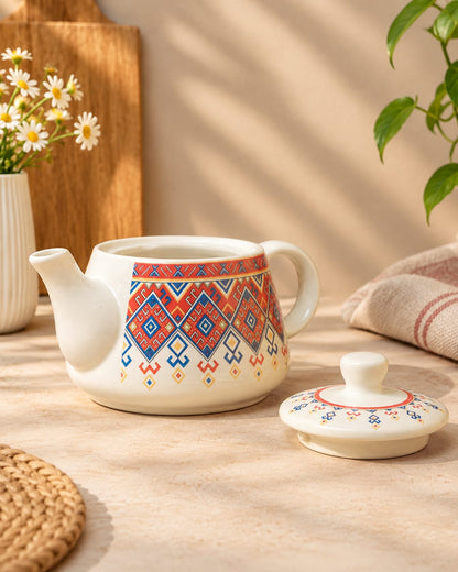 Colourful Ethnic Print Tea Set – Ceramic Teapot with 6 Cups (7 Pcs)