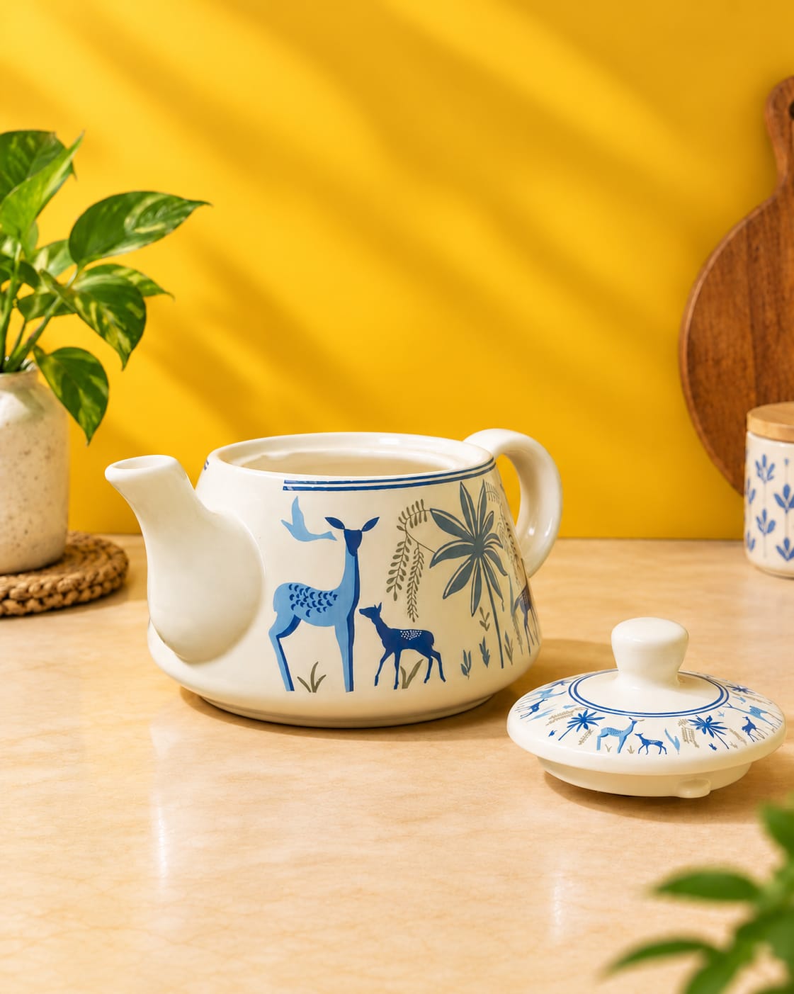 Blue Deer Print Ceramic Tea Set – Teapot with 6 Cups (7 Pcs)