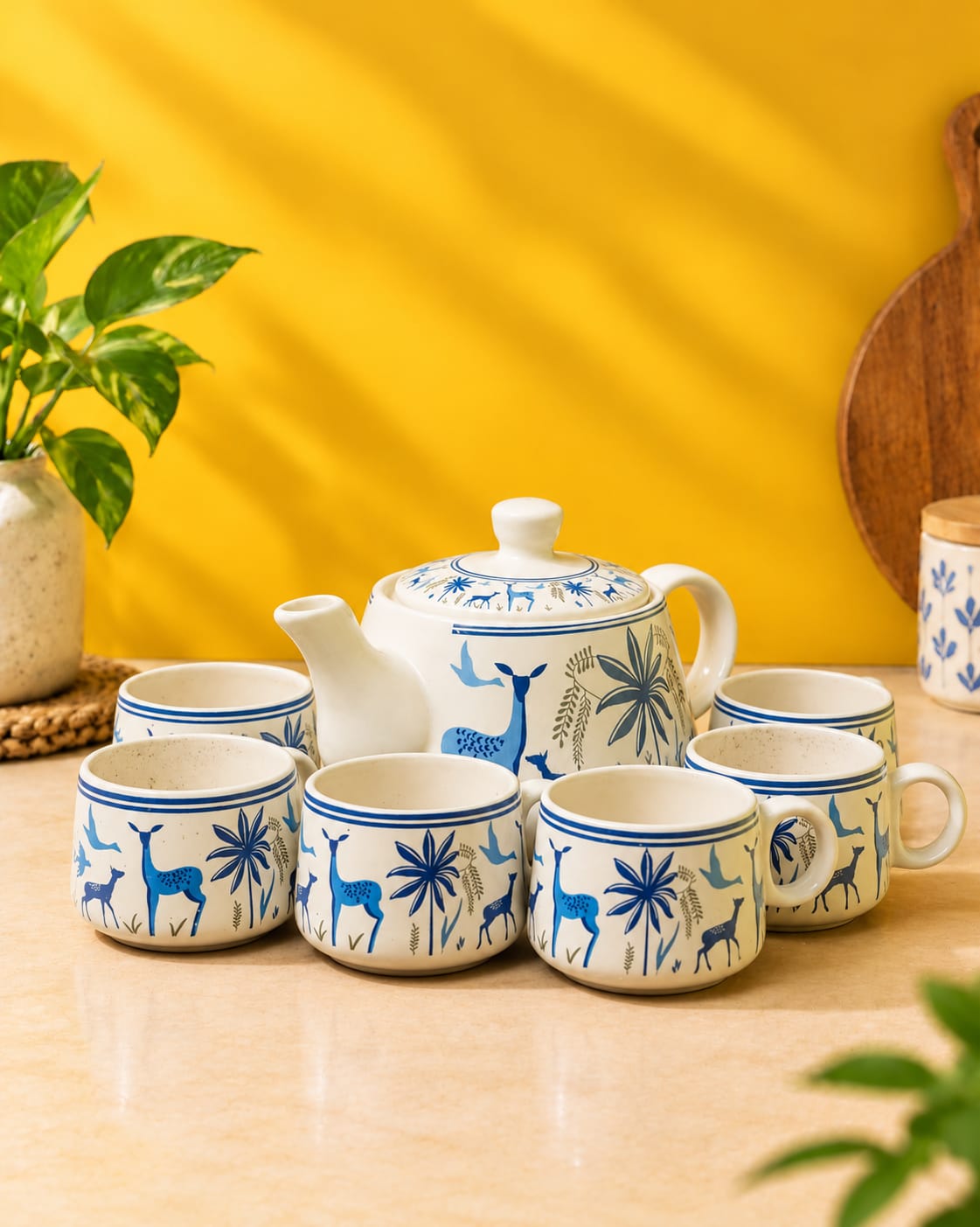 Blue Deer Print Ceramic Tea Set – Teapot with 6 Cups (7 Pcs)