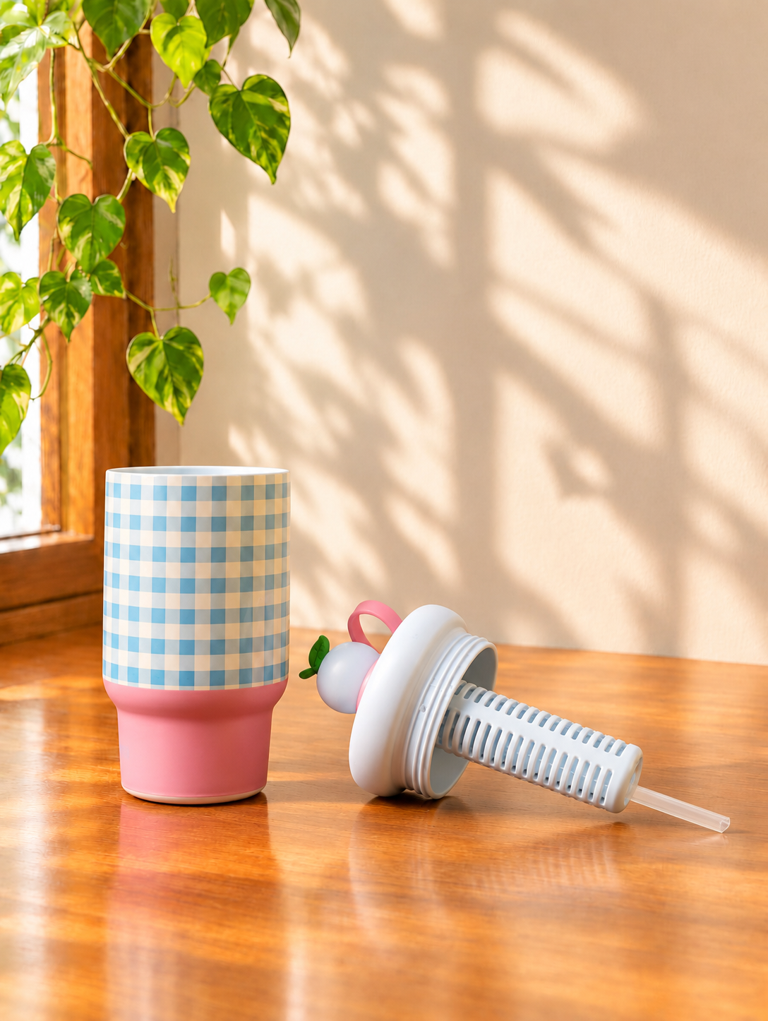 Gingham Tumbler with Straw, Handle & Infuser
