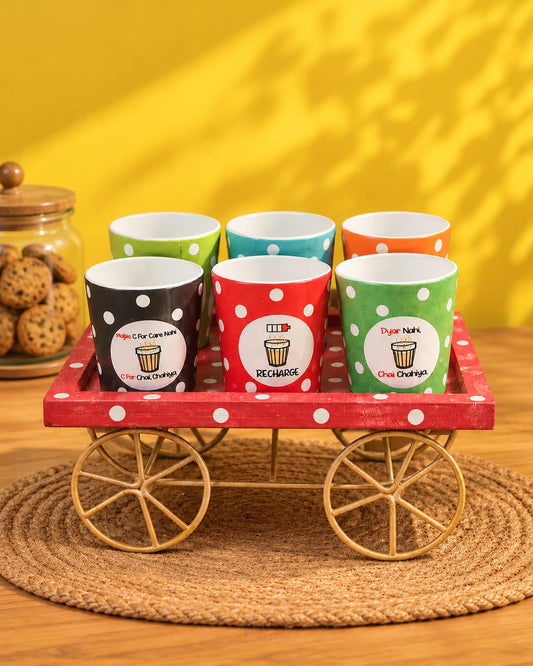 Chai Thela Set – Wooden Cart with 6 Polka Dot Chai Cups (7 Pcs)